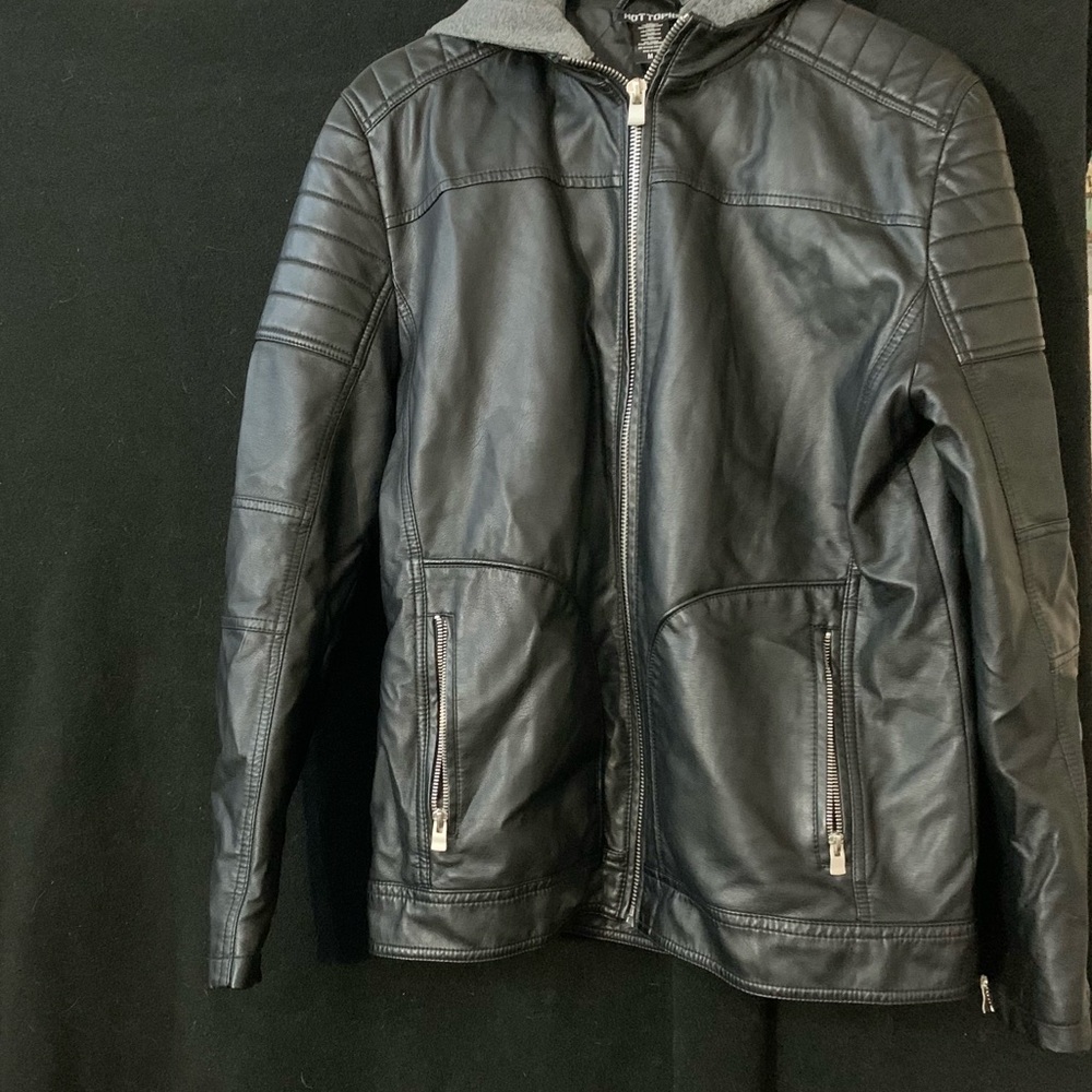 HotTopic Black Hooded Leather Jacket Size M